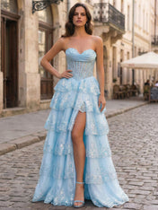 Pink A Line Strapless Sweetheart Tiered Lace Corset Prom Dress