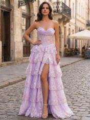 Pink A Line Strapless Sweetheart Tiered Lace Corset Prom Dress