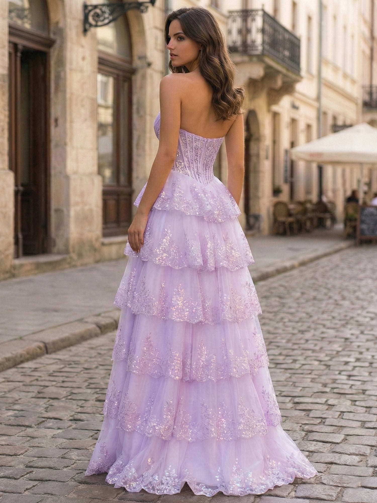 Pink A Line Strapless Sweetheart Tiered Lace Corset Prom Dress