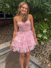 Pink A Line Sweetheart Organza Short Homecoming Dresses with Appliques