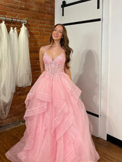 Pink A Line Tiered Tulle Long Prom Dress with Lace Appliqué