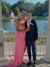 Pink All-over Sequin Sheath Long Prom Dress with Slit