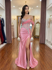 Pink Beaded Corset Satin Prom Dress with Asymmetrical Drape