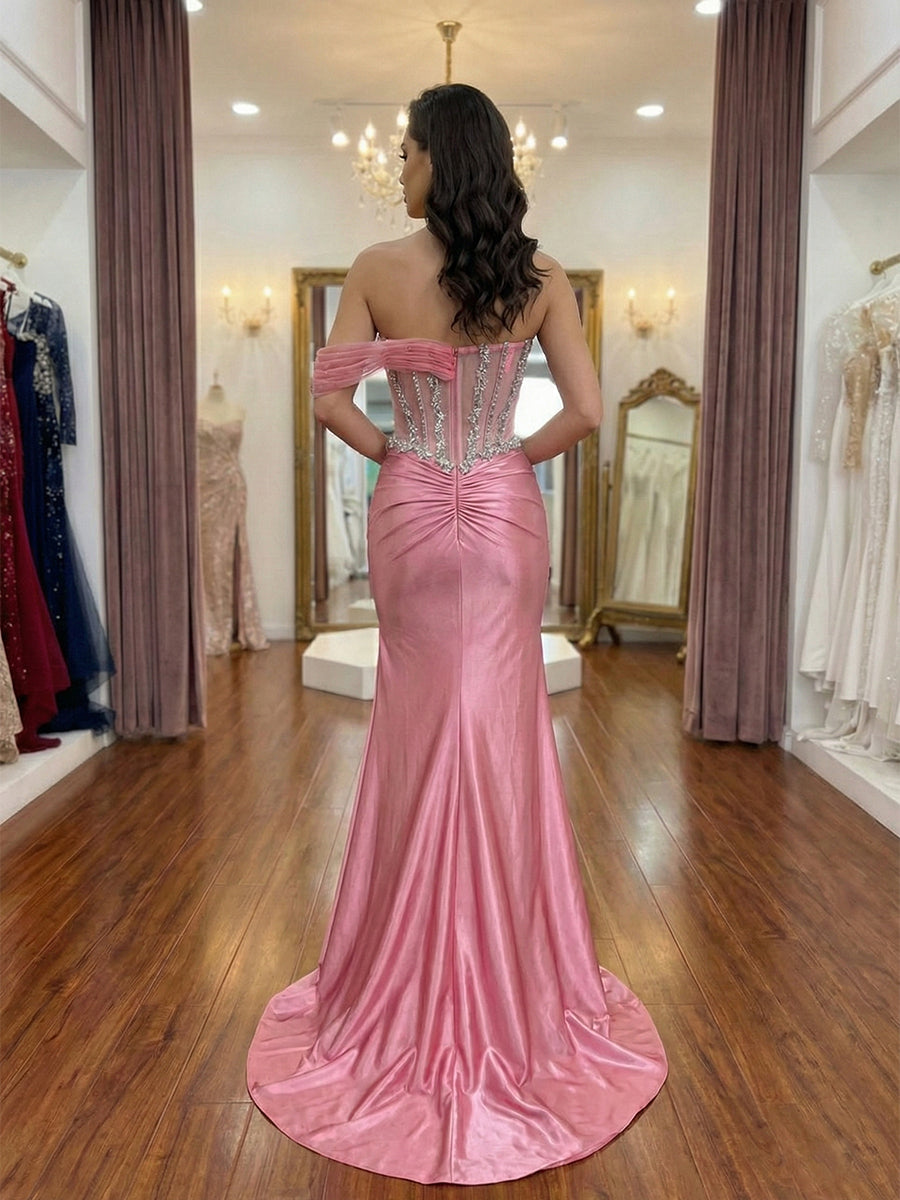 Pink Beaded Corset Satin Prom Dress with Asymmetrical Drape