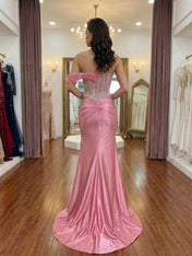 Pink Beaded Corset Satin Prom Dress with Asymmetrical Drape