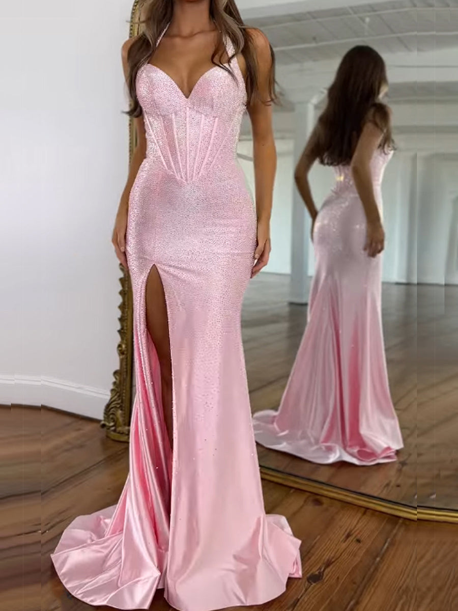 Beaded Halter Corset Prom Dress with High Slit