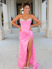 Pink Beaded Neck Pleated Mermaid Long Prom Dress with Slit