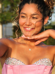 Pink Beaded Neck Pleated Mermaid Long Prom Dress with Slit