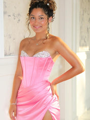 Pink Beaded Neck Pleated Mermaid Long Prom Dress with Slit