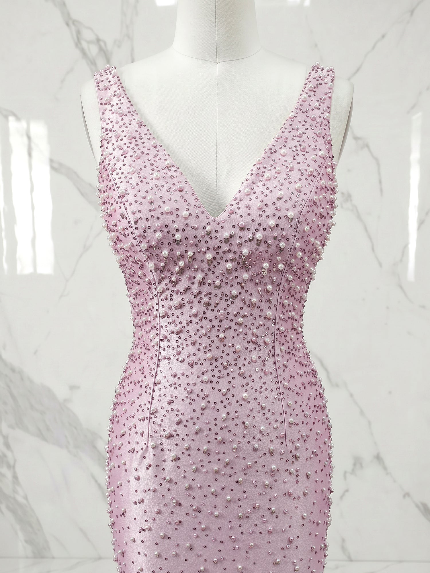 Pink Cascading Pearl V-Neck Mermaid Long Prom Dress