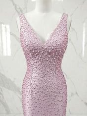 Pink Cascading Pearl V-Neck Mermaid Long Prom Dress