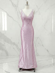 Pink Cascading Pearl V-Neck Mermaid Long Prom Dress