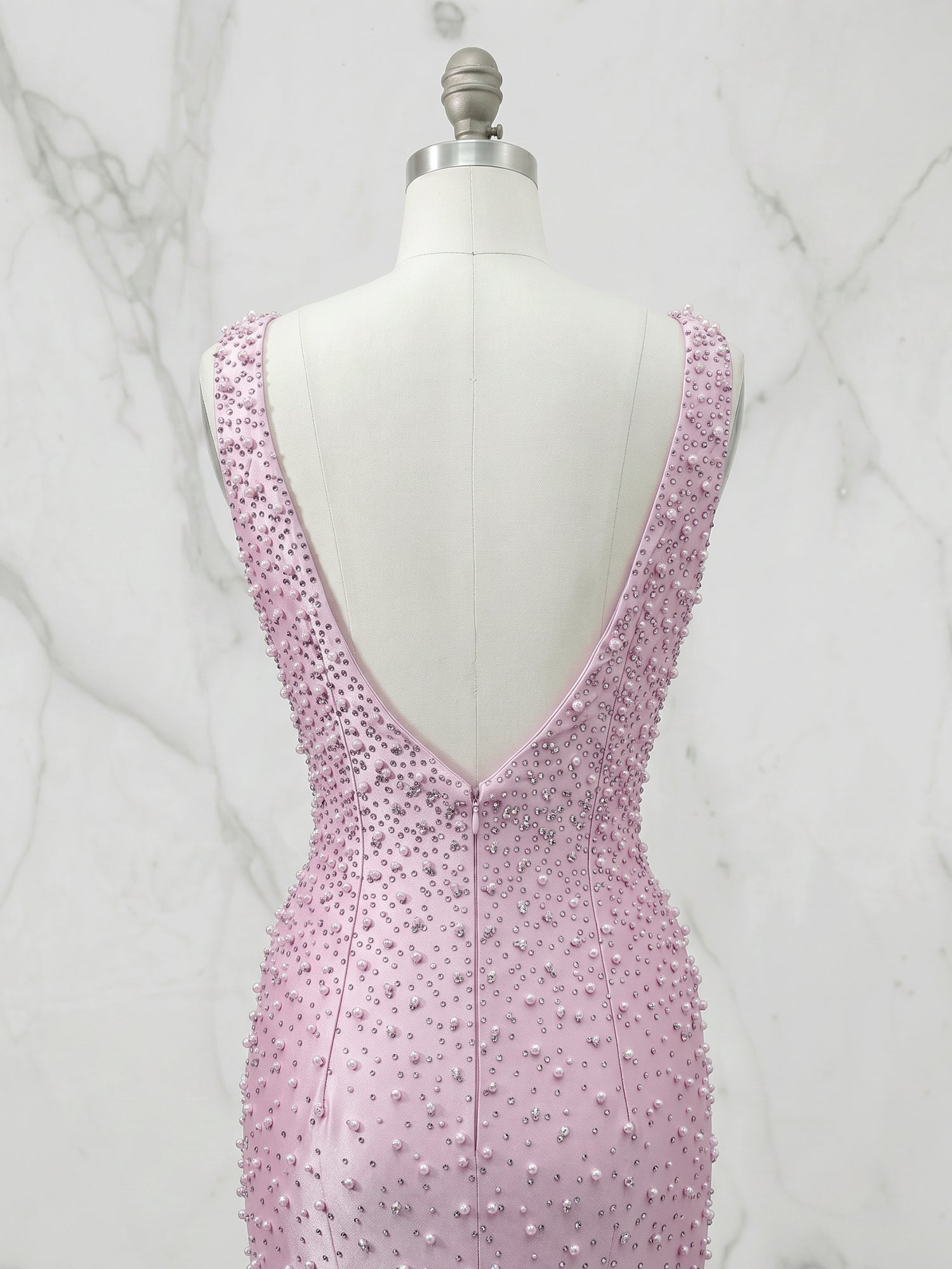 Pink Cascading Pearl V-Neck Mermaid Long Prom Dress