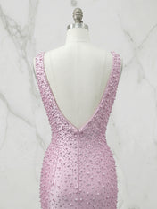 Pink Cascading Pearl V-Neck Mermaid Long Prom Dress