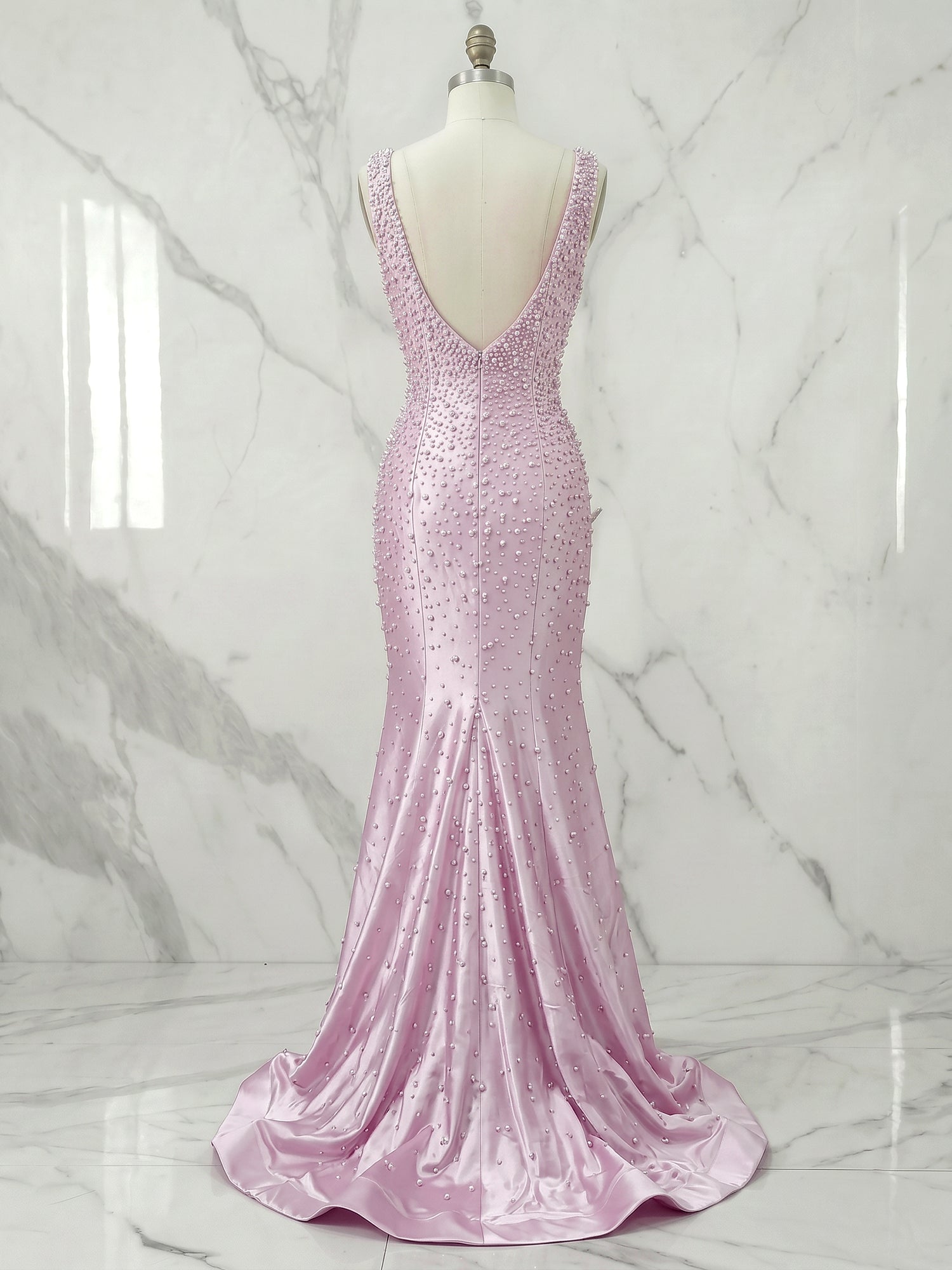 Pink Cascading Pearl V-Neck Mermaid Long Prom Dress