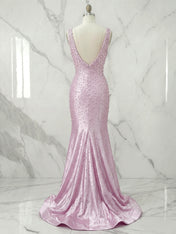 Pink Cascading Pearl V-Neck Mermaid Long Prom Dress