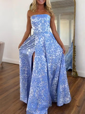 Pink Damask Strapless Long Prom Dress with Split