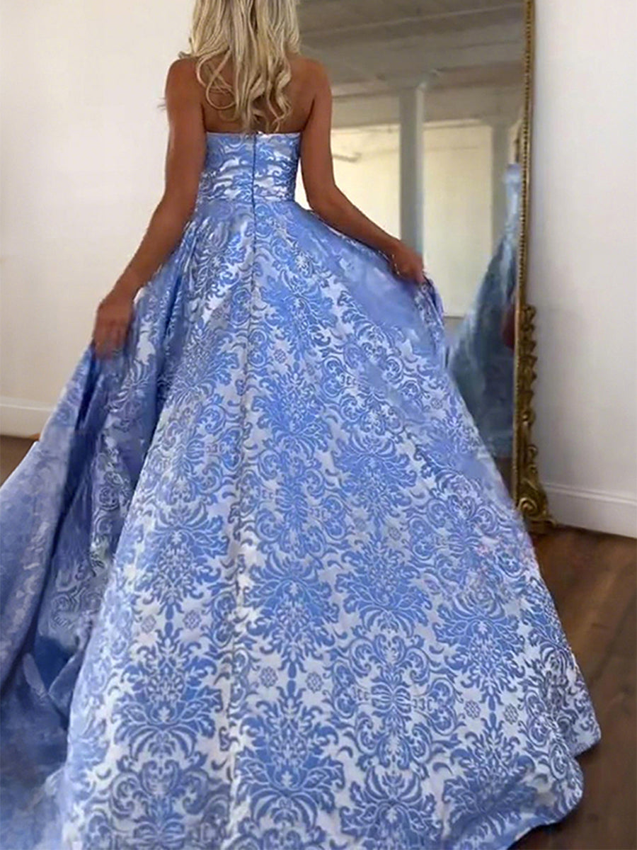 Pink Damask Strapless Long Prom Dress with Split