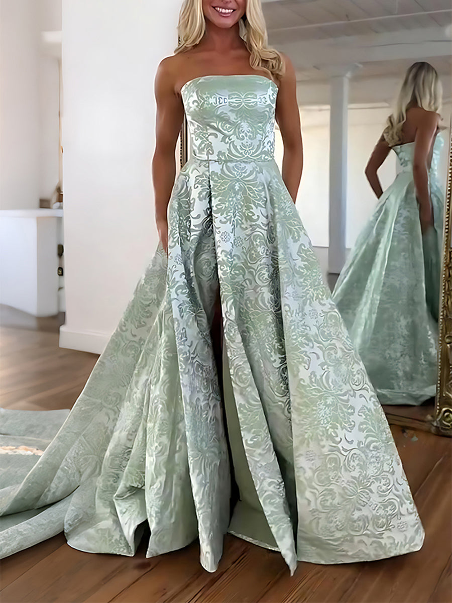 Pink Damask Strapless Long Prom Dress with Split