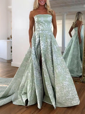 Pink Damask Strapless Long Prom Dress with Split