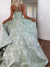 Pink Damask Strapless Long Prom Dress with Split