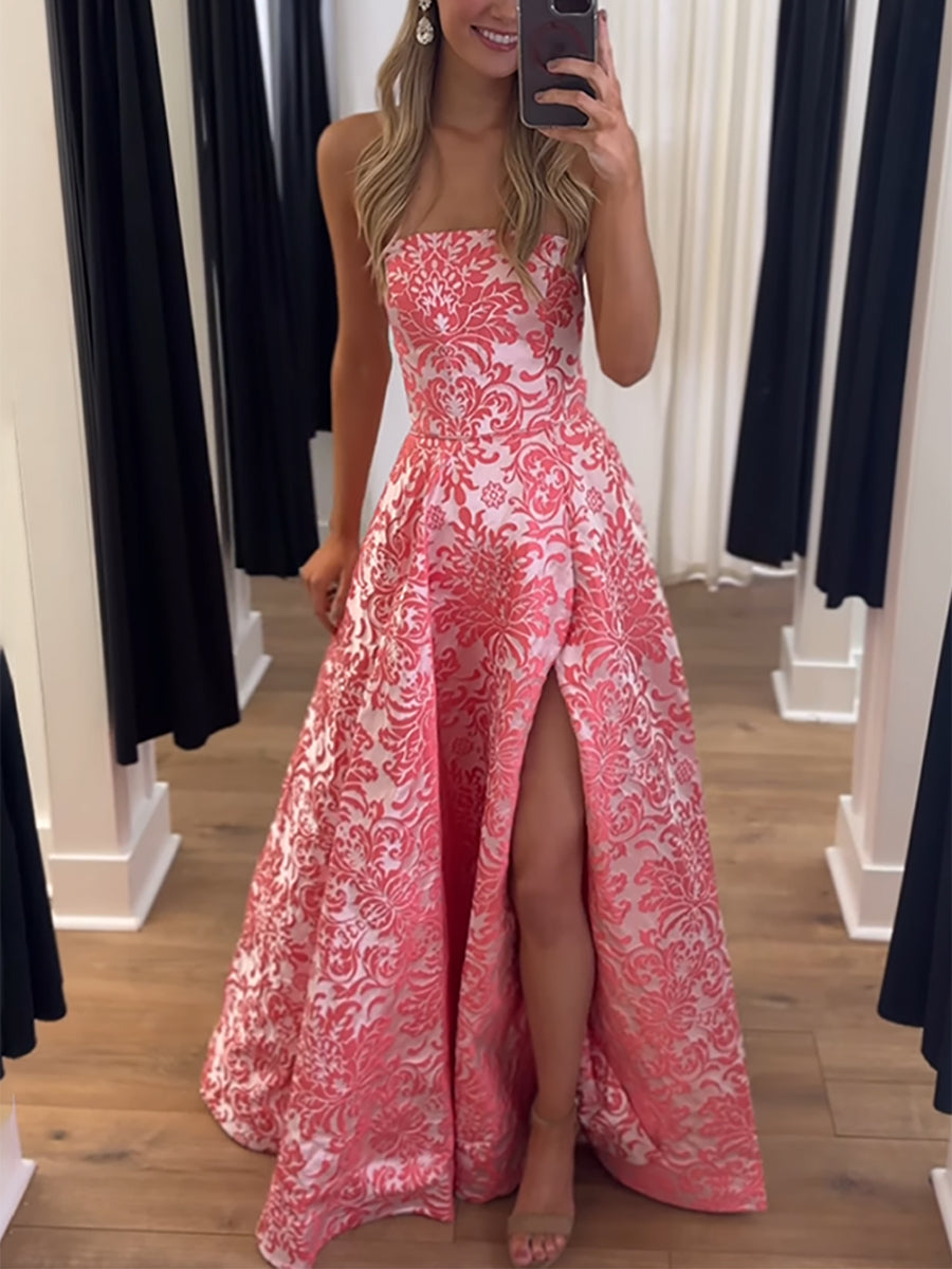 Pink Damask Strapless Long Prom Dress with Split