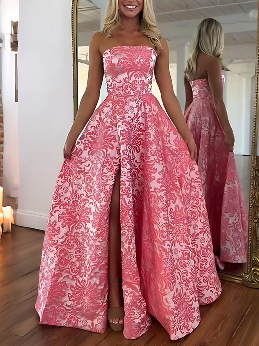 Pink Damask Strapless Long Prom Dress with Split