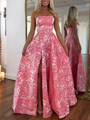 Pink Damask Strapless Long Prom Dress with Split