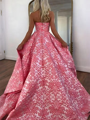 Pink Damask Strapless Long Prom Dress with Split