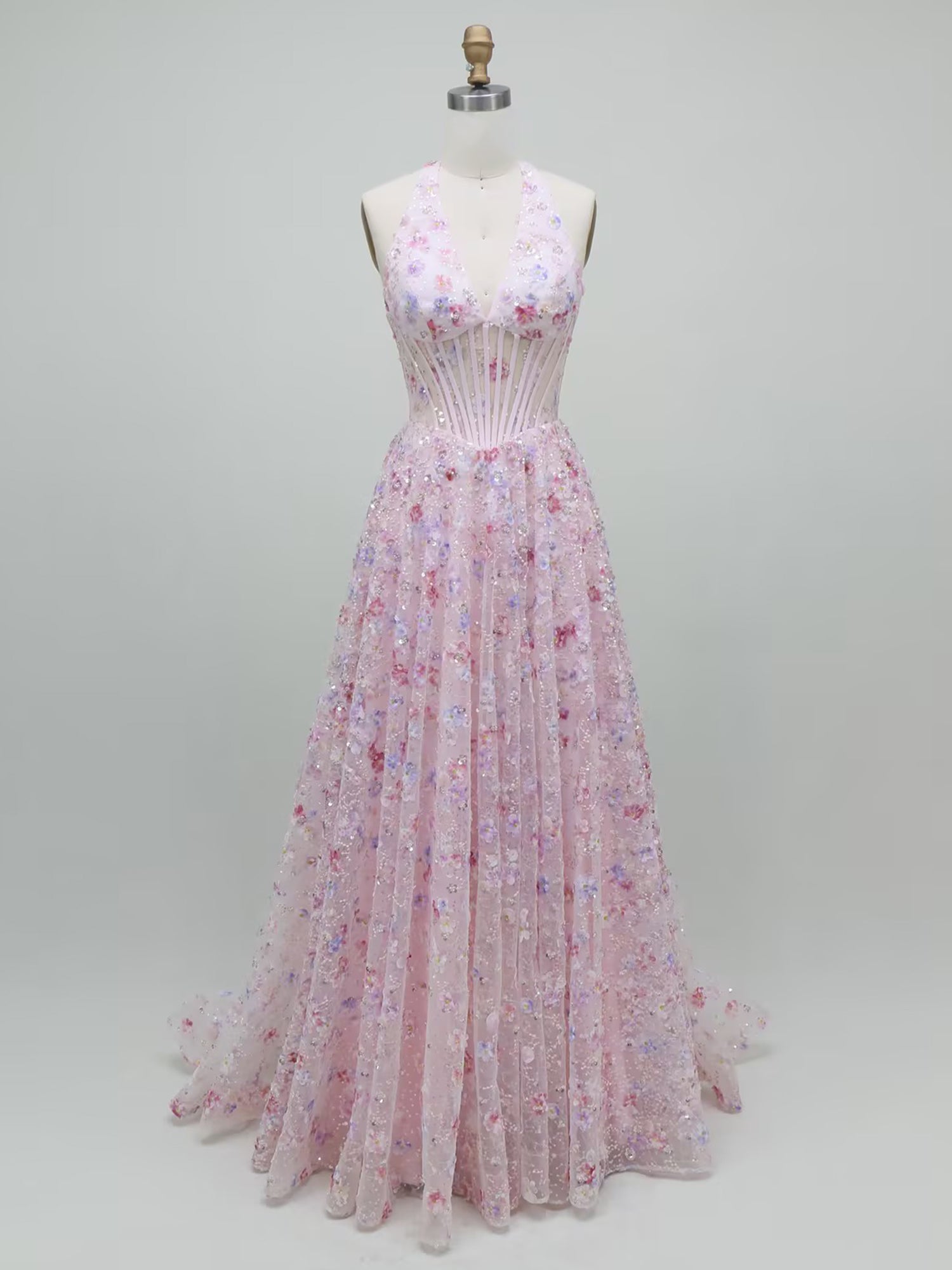 Pink Floral A Line Sequin Halter Corset Long Prom Dress