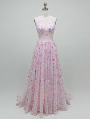 Pink Floral A Line Sequin Halter Corset Long Prom Dress