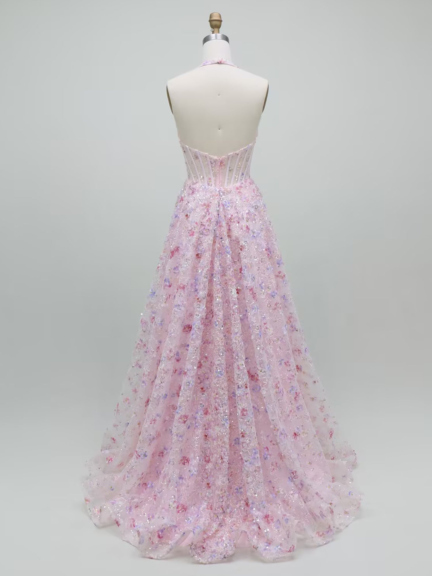 Pink Floral A Line Sequin Halter Corset Long Prom Dress