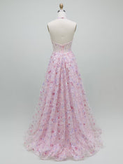 Pink Floral A Line Sequin Halter Corset Long Prom Dress