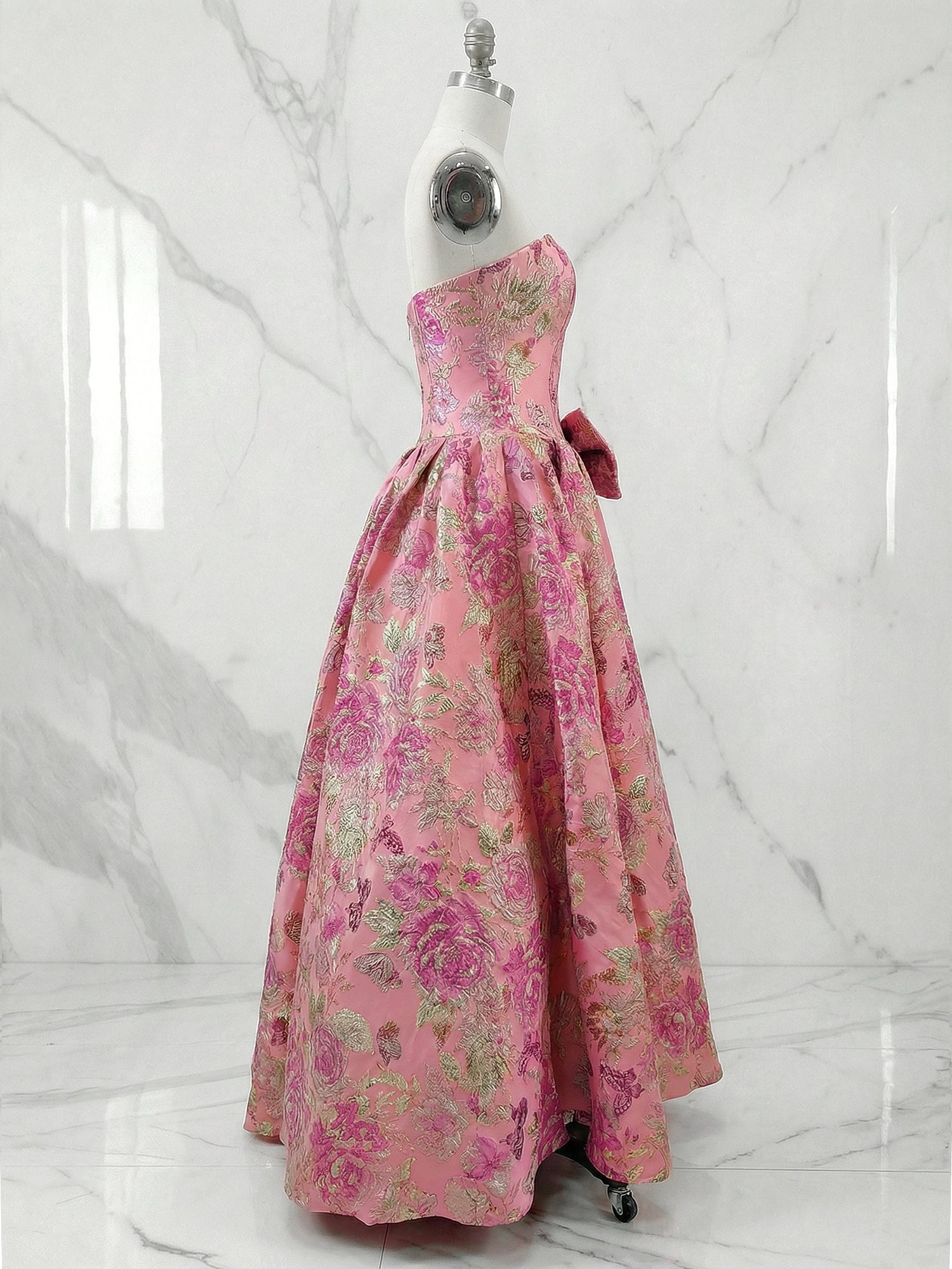 Pink Floral A Line Strapless Long Prom Dresses with Bow