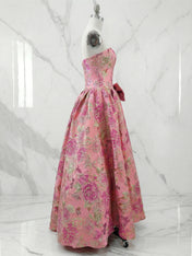 Pink Floral A Line Strapless Long Prom Dresses with Bow