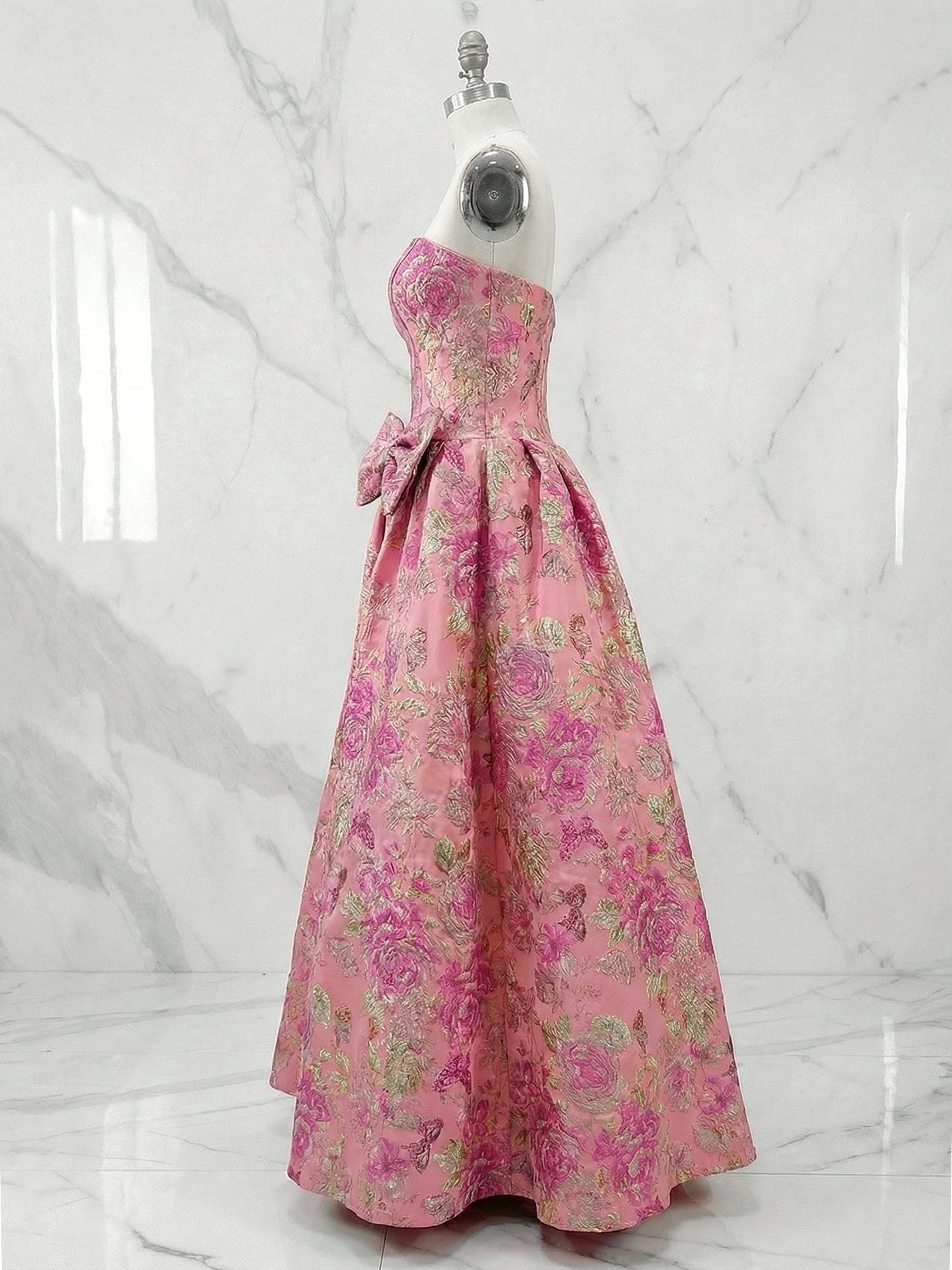 Pink Floral A Line Strapless Long Prom Dresses with Bow
