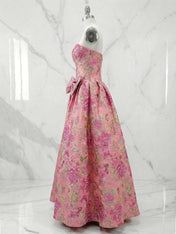 Pink Floral A Line Strapless Long Prom Dresses with Bow
