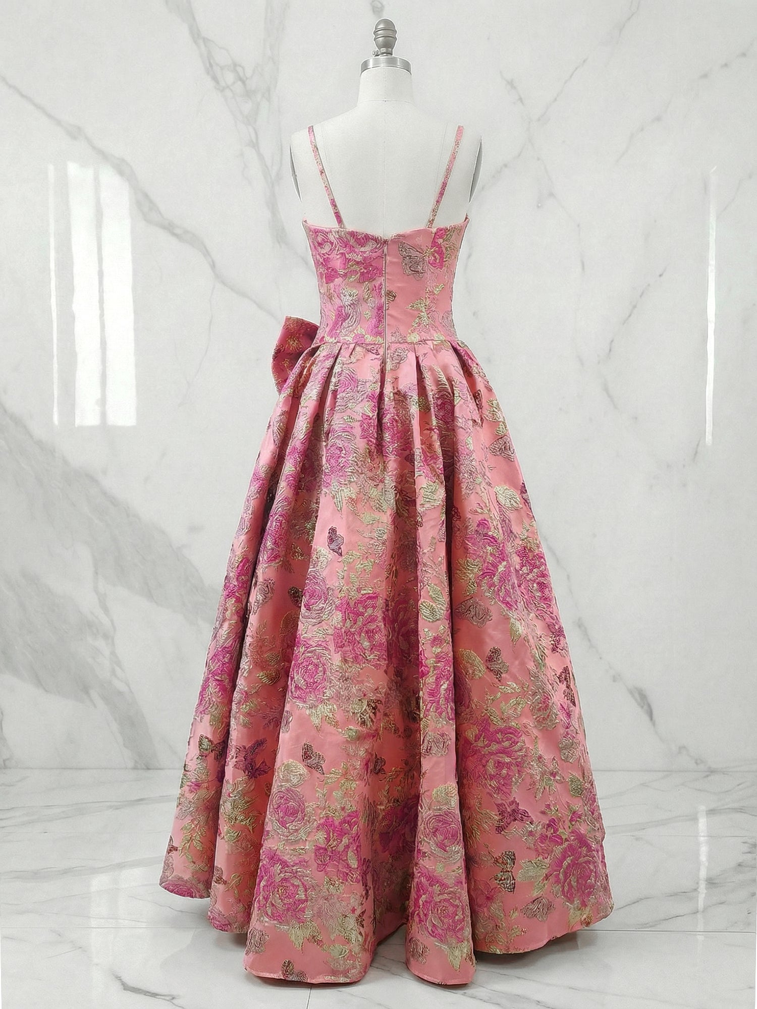 Pink Floral A Line Strapless Long Prom Dresses with Bow
