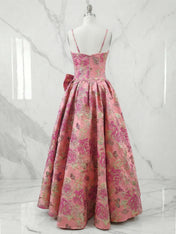 Pink Floral A Line Strapless Long Prom Dresses with Bow