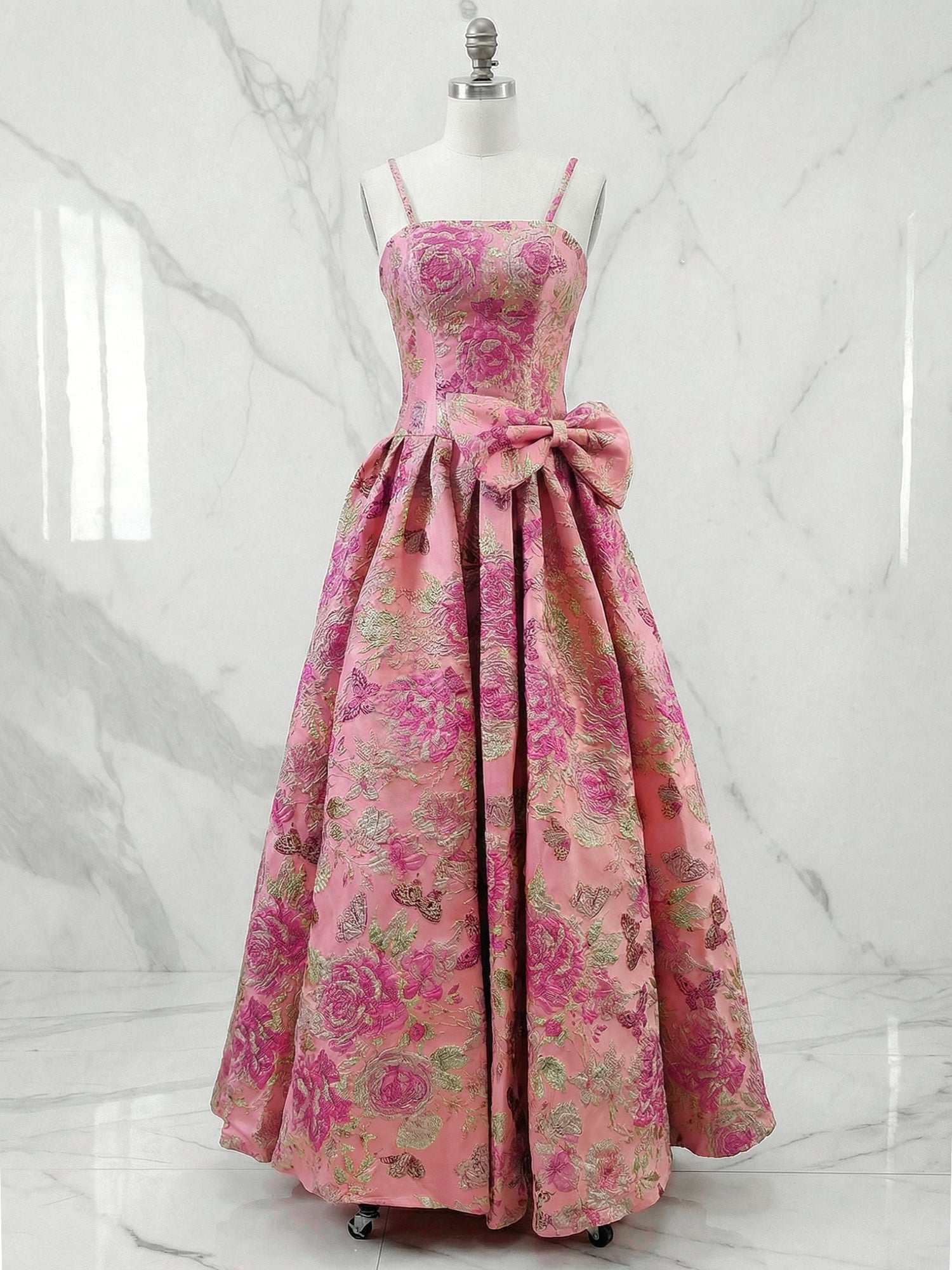 Pink Floral A Line Strapless Long Prom Dresses with Bow