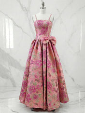 Pink Floral A Line Strapless Long Prom Dresses with Bow