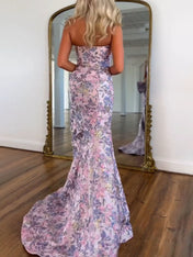 Pink Floral Brocade Metallic Accents Strapless Prom Dress with Waist Bow