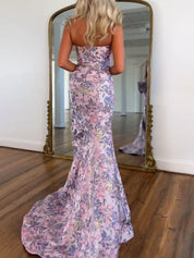 Pink Floral Brocade Metallic Accents Strapless Prom Dress with Waist Bow