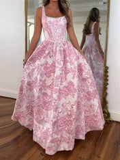 Pink Floral Brocade Pearl Long Long Corset Prom Dress