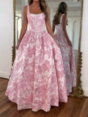 Pink Floral Brocade Pearl Long Long Corset Prom Dress