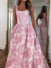 Pink Floral Brocade Pearl Long Corset Prom Dress