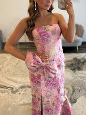 Pink Floral Brocade Strapless Oversized Bow Prom Dress with High Slit