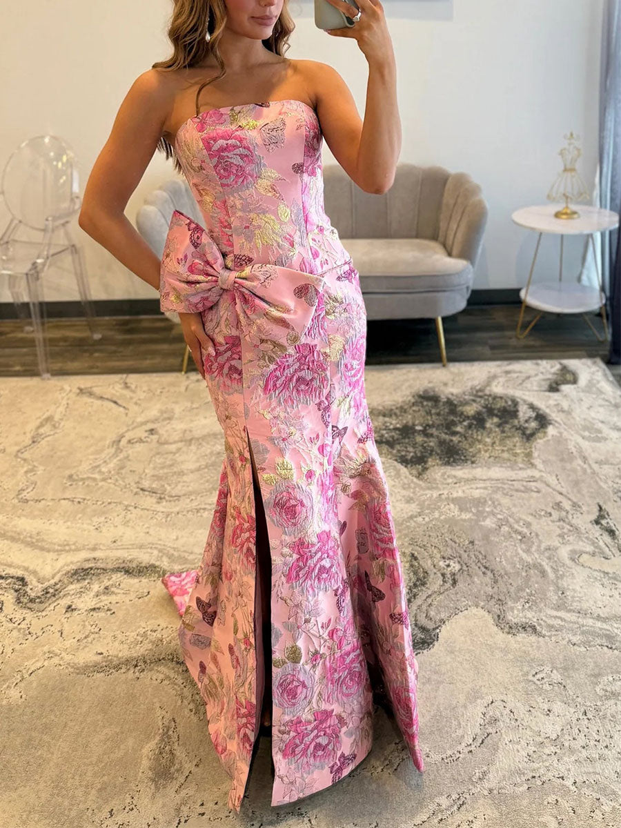 PinkFloralBrocadeStraplessOversizedBowPromDresswithHighSlit_2.jpg