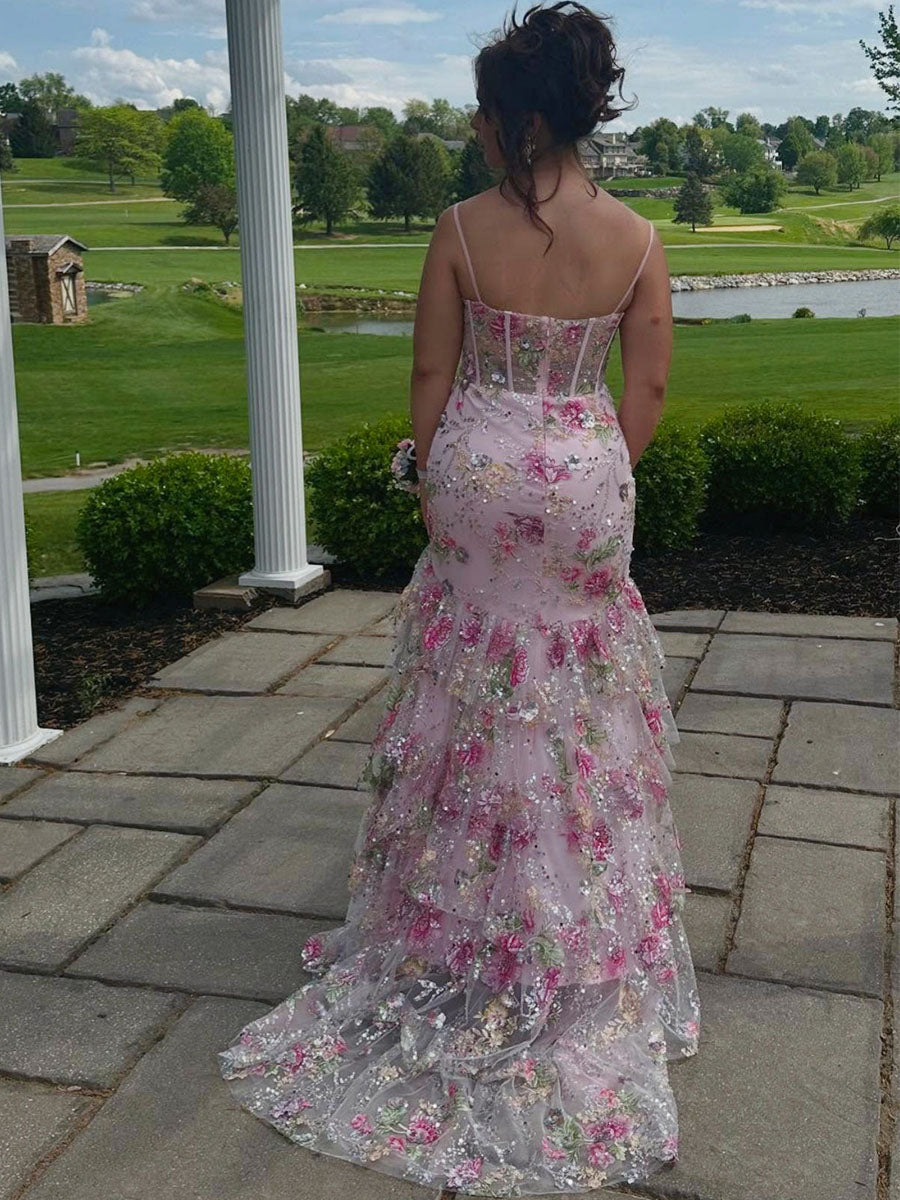 Pink Floral Embroidered Corset Prom Dress with Ruffled Tiers