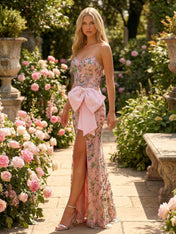 Pink Floral Embroidered Strapless Prom Dress with Statement Bow